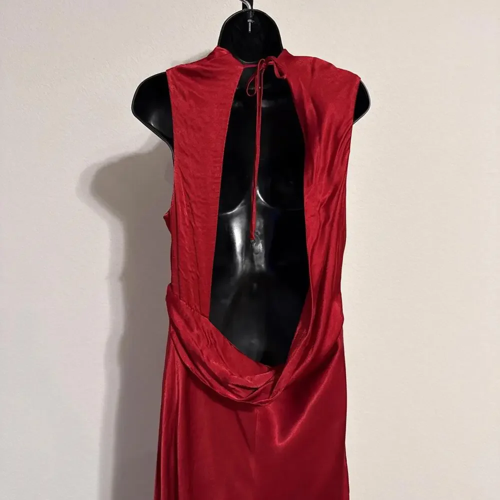 $340 Shona Joy High Neck Red Satin Tatum Cowl Drape Open Back Maxi Dress- US 12 - Picture 5 of 12